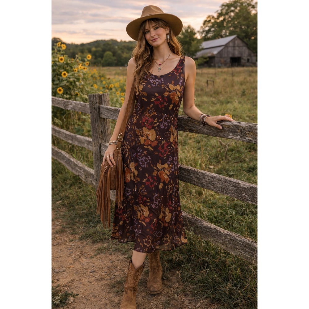 Boho Cottagecore Fairy Wedding Liz Claiborne Dark Purple Floral‎ Midi 10 Dress